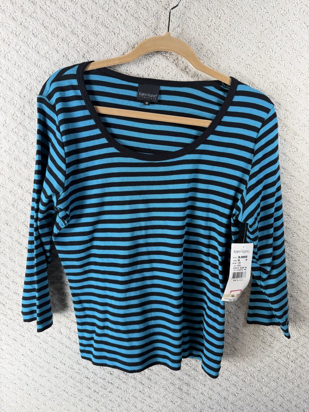 NWT Kane Karen Lifestyle Scoop Neck Striped 3/4 Sleeve Tee Top Blue Size XL